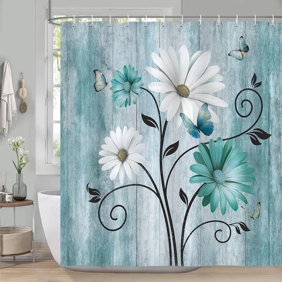 Rustic Floral Shower Curtain, Teal White Daisy Flower Butterfly Wooden Farmhouse Shower Curtain for Bathroom Waterproof Polyester Fabric with 12 Hooks, 72 x 72 Inches