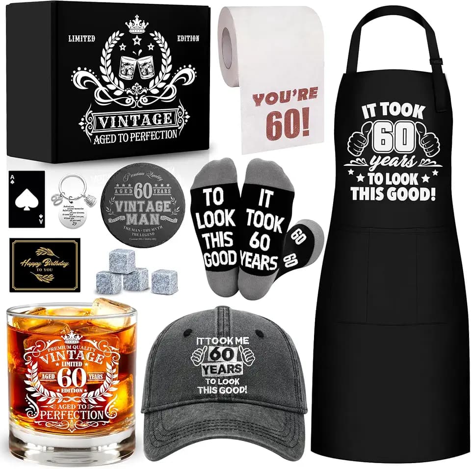 60th Birthday Gifts for Men Whiskey Glass Set, 60th Birthday Party Supplies with 11 Oz Whiskey Glass Coaster Stone Baseball Cap Apron Sock Funny Toilet Paper Keychain for Him, Dad, Husband, Friends