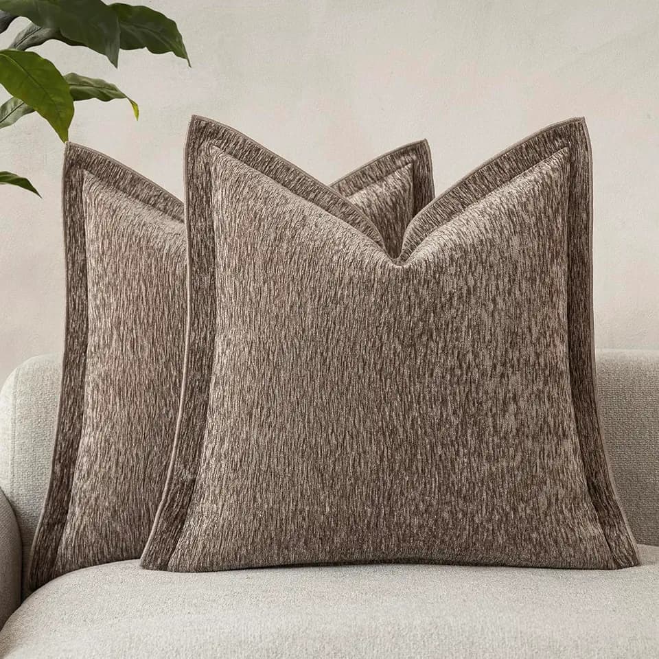 Decorative Chenille Luxury Throw Pillow Covers with Wide Edge, Textured Solid Pillowcases, Soft Velvet Cushion Cover Home Décor for Couch Sofa Living Room,18×18 Inch, Set of 2, Taupe