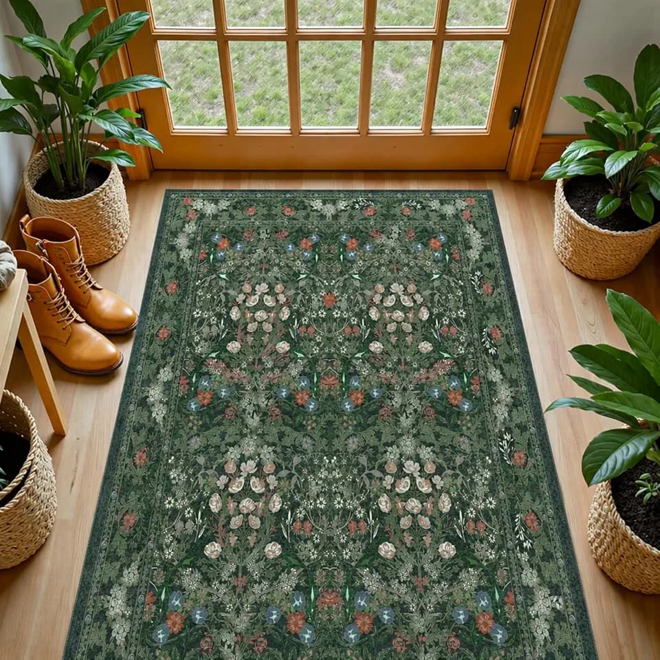 Green Boho Floral 3x5 Rugs for Large Entryway, Farmhouse Botanical Washable Area Rug for Dorm, Bedroom Bedside, Foyer, Kitchen, Laundry - Cottagecore Distressed Carpet, Low Pile Non Slip Mat