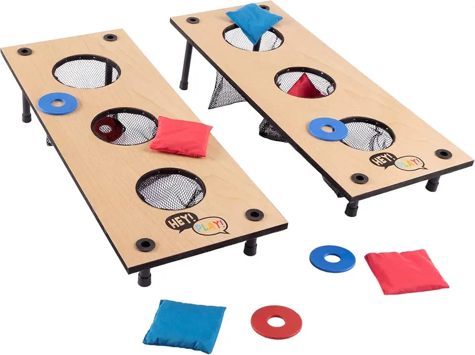 2-in-1 Washers Game and Bean Bag Toss Set - Indoor or Outdoor Classic Wooden Team Backyard and Tailgate Party Games for Kids and Adults by Hey Play