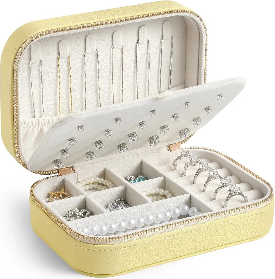 Genuine Leather Travel Jewelry Organizer Case for Women, Small Mini Portable Jewelry Box for Ring Earrings Necklace Bracelet Luxury Gift for Women Yellow
