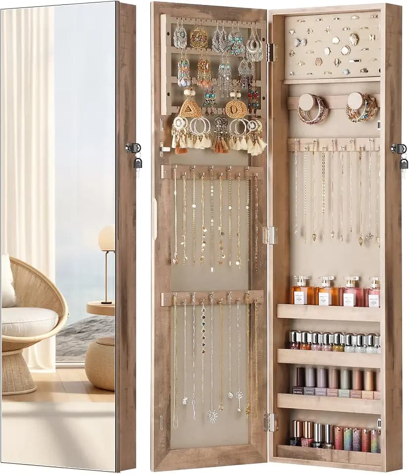 Nicetree Mirror Jewelry Cabinet, Full Length Mirror, Wall Mounted, Oak