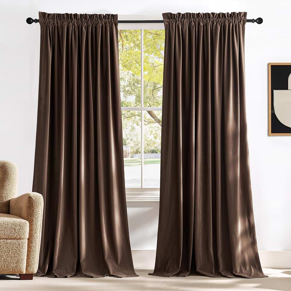 NICETOWN Brown Velvet Room Darkening Curtains 90 inches Long Set of 2