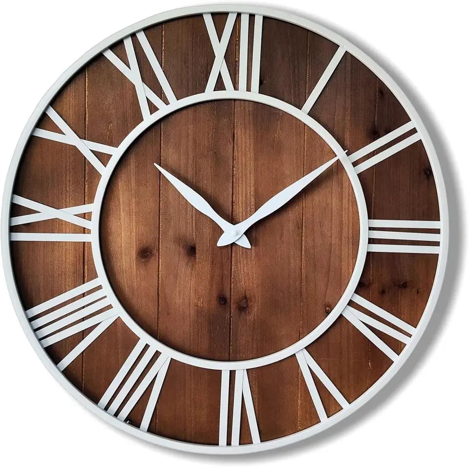 Evursua 24 Inch Large Metal&Wood Wall Clocks Modern Rustic Blend Farmhouse Clocks Distressed Real Wood Handmade Clock for Living Room Decor Home Wall Hanging Accessories Oversized