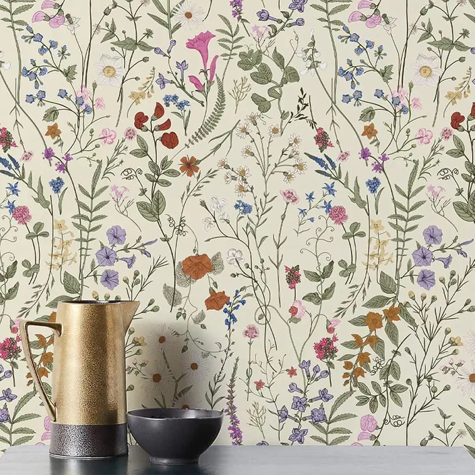 Wallpaper Self-Adhesive Blooming Vintage Colourful Flowers Wall Paper for Bedroom Living Room Cabinet, Peel and Stick Beige Sketch Little Flowers Wallpaper Mural 47.36 sq. feet (393.7"x17.3")