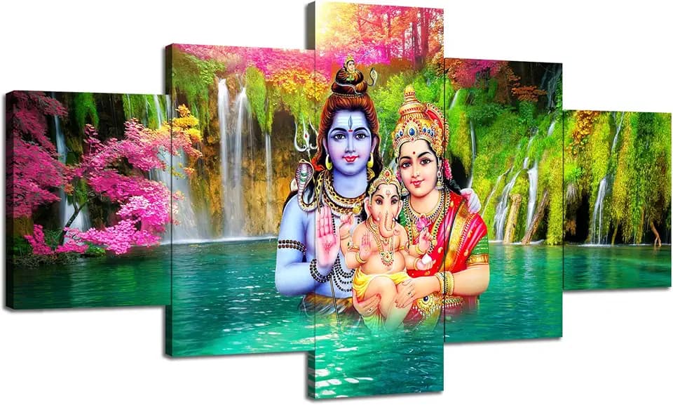 Artbrush Tower Ganesha Canvas Wall Art Shiva Parvati Painting(60x32 inch)