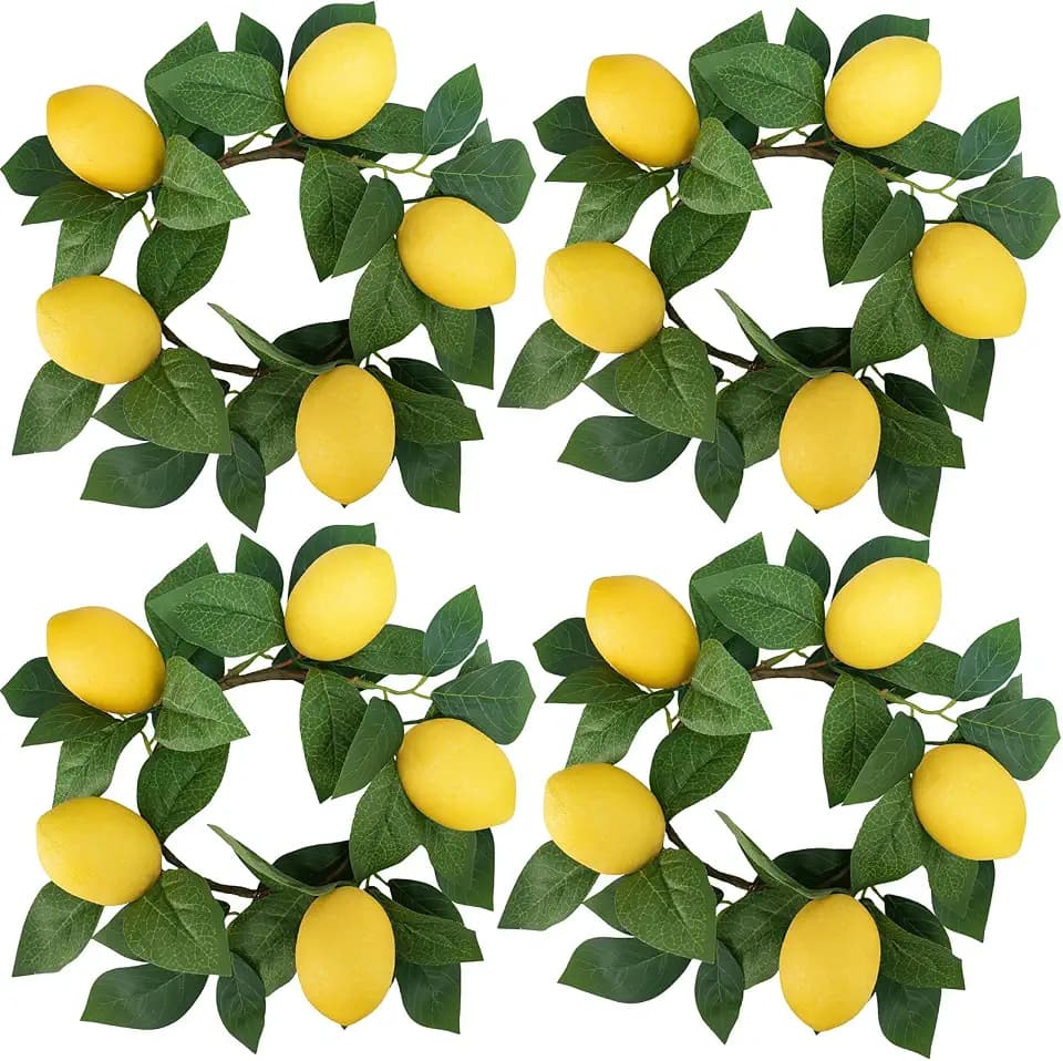 Winlyn 4 Pcs Artificial Lemon Candle Rings Greenery Wreath with Yellow Lemons 11 Inch Mini Faux Lemon Fruit Wreaths for Farmhouse Summer Home Wedding Holiday Party Kitchen Window Table Centerpiece