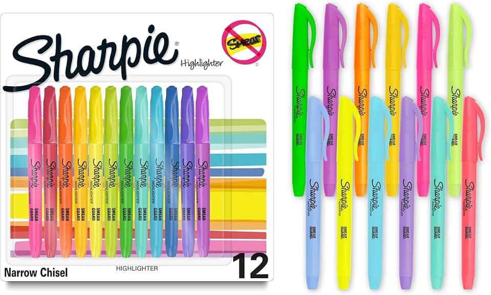 Sharpie Pocket Highlighters, Chisel Tip, Assorted Colored Highlighters, Essential Teacher and Office Supplies, Classroom Must Haves, Smear-Resistant, 12-Pack