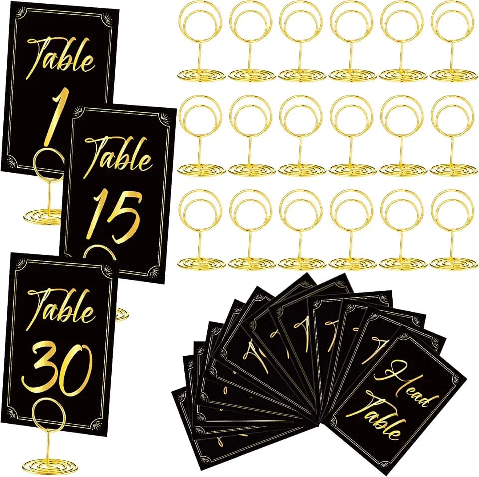 Thenshop 31 Sets Table Number Cards Holders, 1-30, Round, Black, Gold
