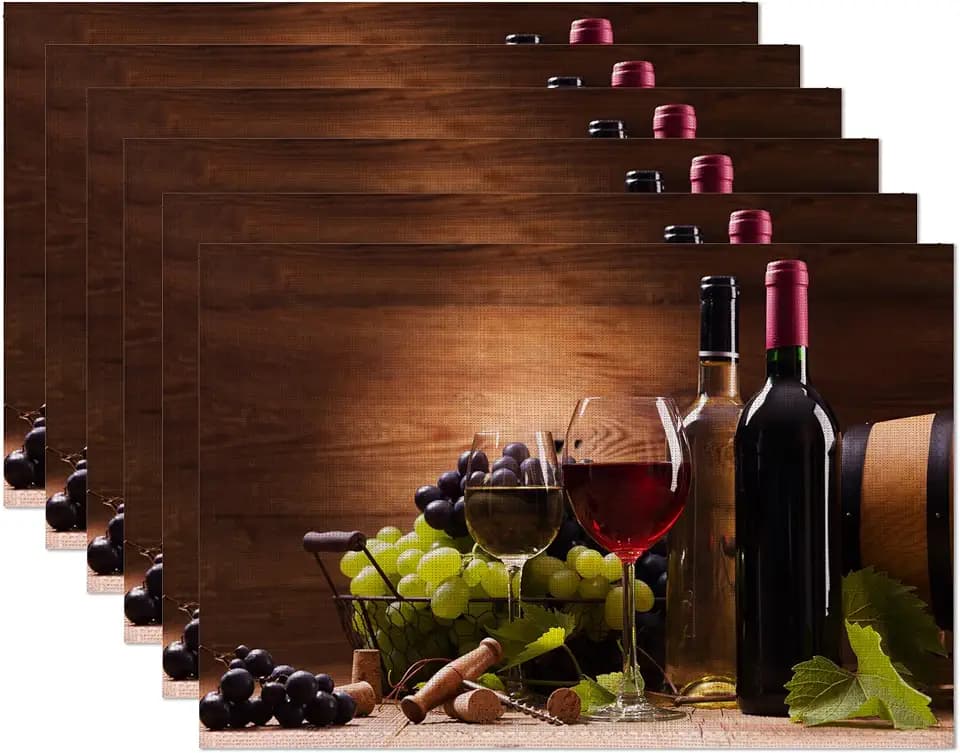 Wine Placemats Set of 6,Red White Grapes Wooden Linen Washable Kitchen Dining Table Mats Heat Resistant Place Mats for Home Party Indoor Holiday 12x18 Inch