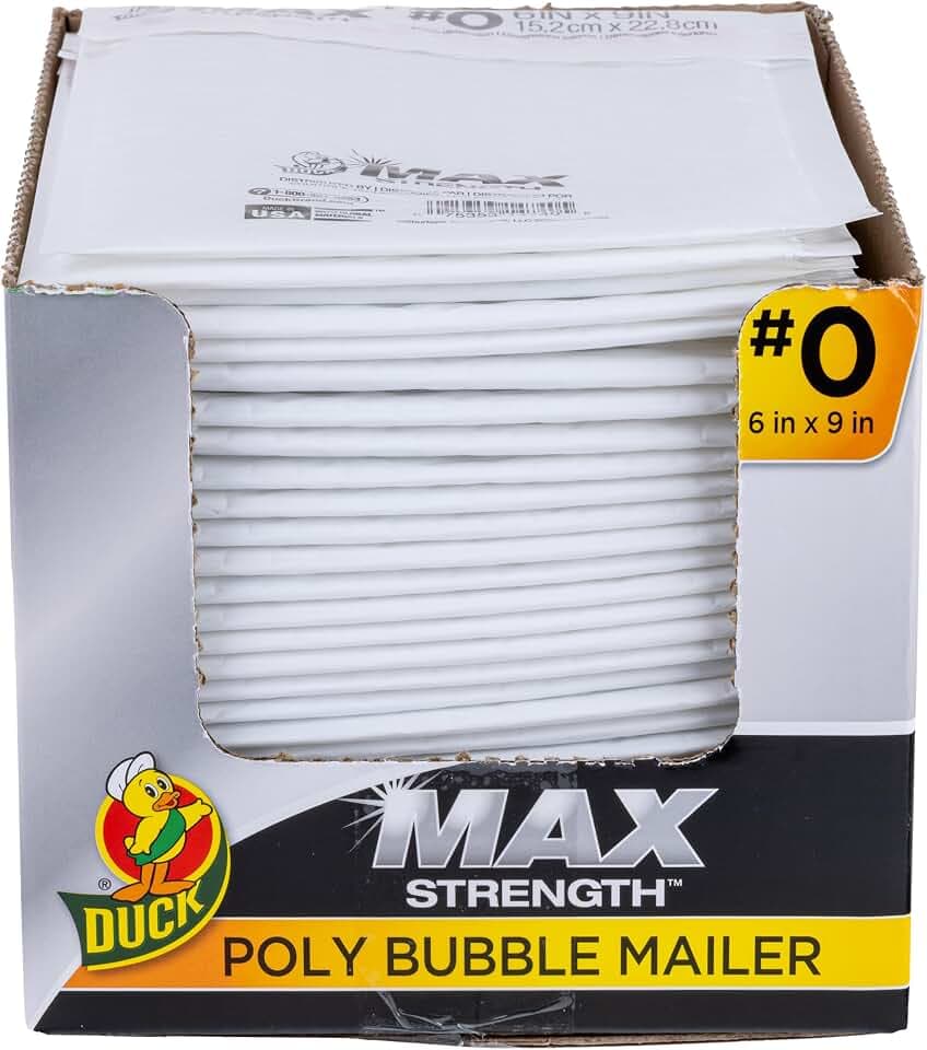 Duck Max Brand #0 Poly Bubble Mailers, White, 10.5 inch x 15 inch, 25 Pack