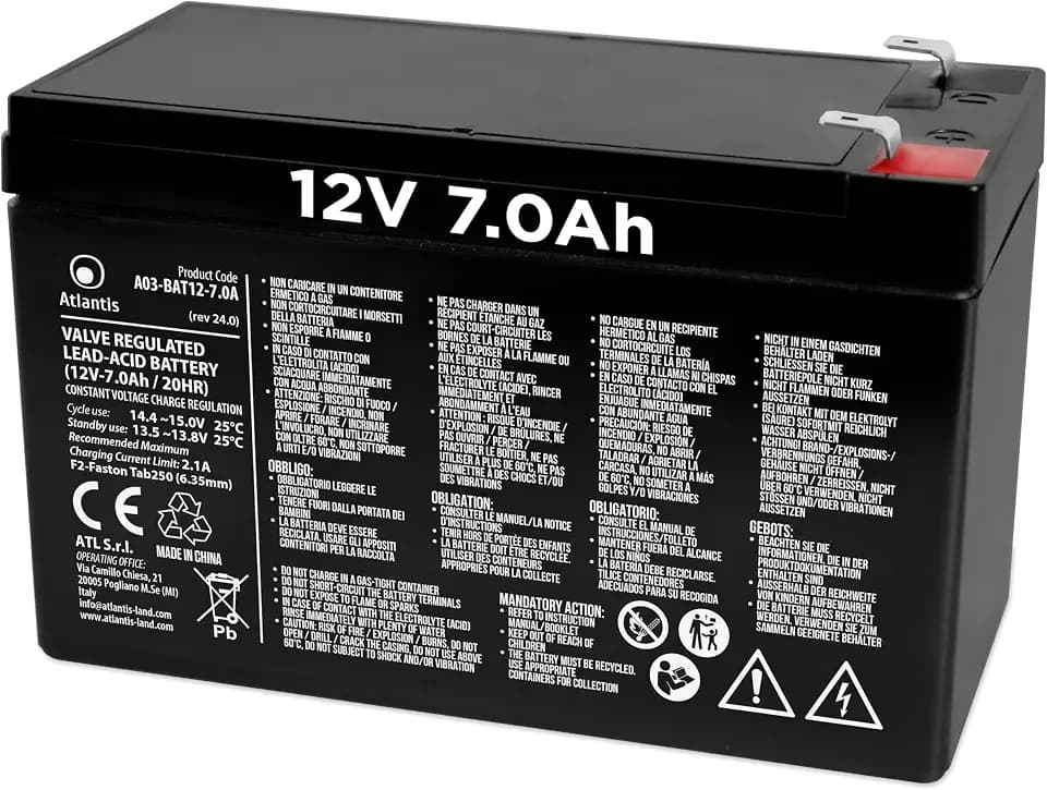 Atlantis VRLA-Bleiakku 12V 7Ah für USV und Alarmanlagen | Wartungsfrei für USV, Videoüberwachung, Elektromobilität und Spielzeug, Faston F2 6,3 mm, Art. A03-BAT12-7.0A