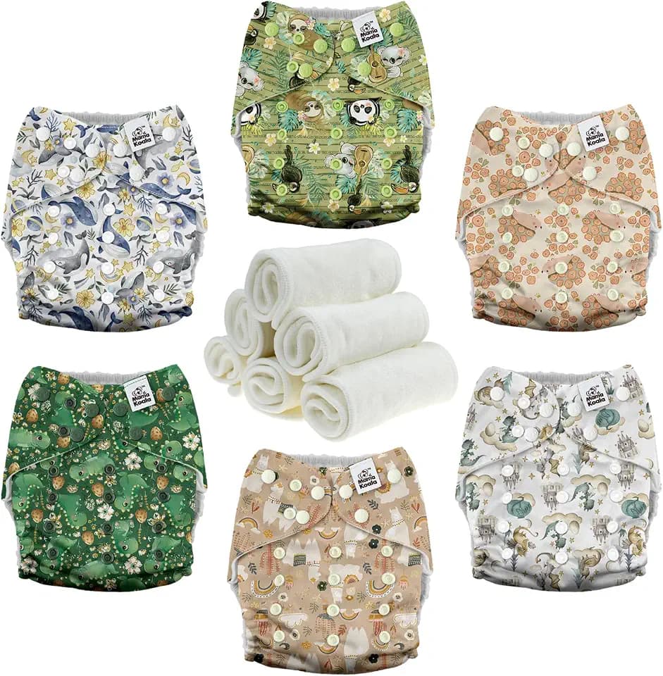 Mama Koala 3.0 Pocket Cloth Diapers for Babies with AWJ Lining, 6 Pack with 6 4-Layer Natural Cloth Diaper Inserts - Reusable and Washable Pocket Diapers (Animal Legends)