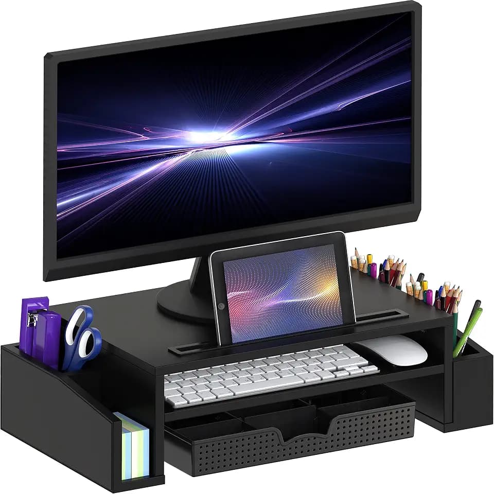 Simple Houseware Schreibtisch-Monitorständererhöhung mit Verstellbarer Organizer-Ablage, Schwarz
