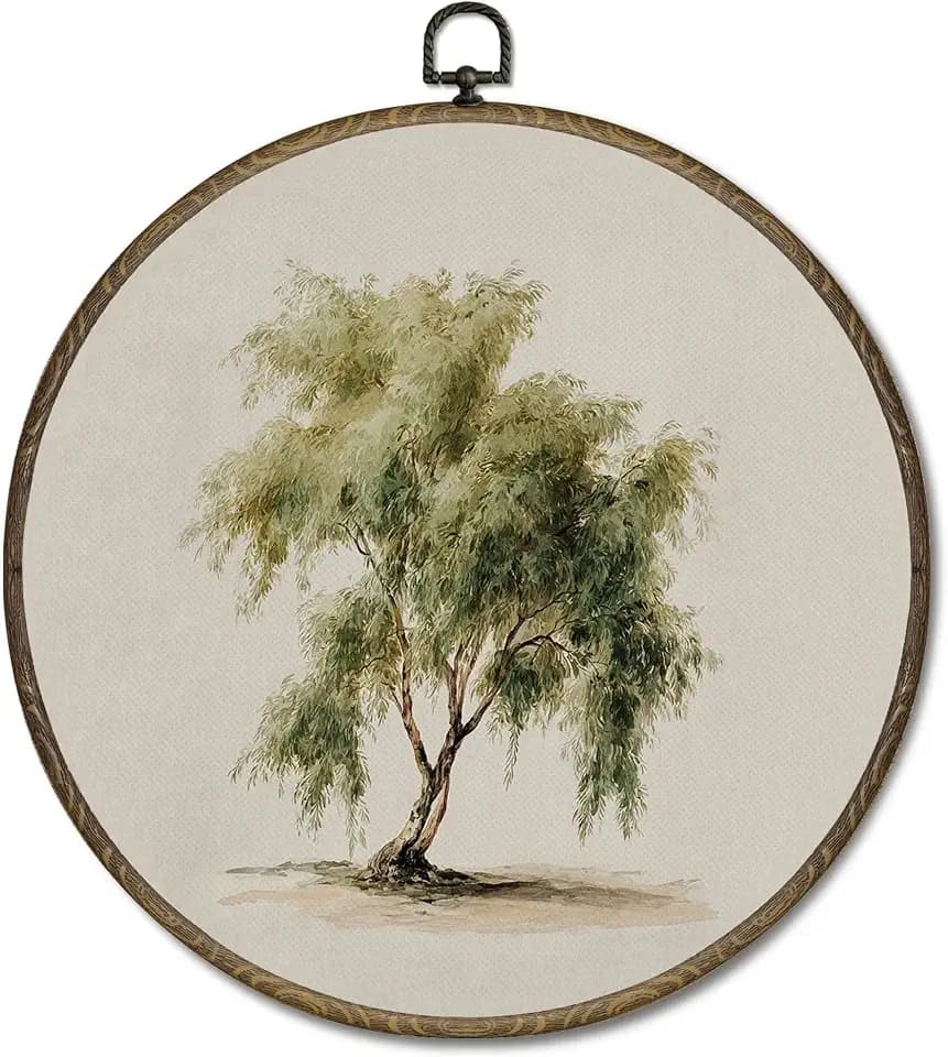 OINDADE Vintage Willow Tree Round Wall Art Decor, Rustic Country Landscape Wall Art Hanging Decor, Farmhouse Willow Green Tree Framed Canvas Artwork for Living Room Bedroom, 10x10in