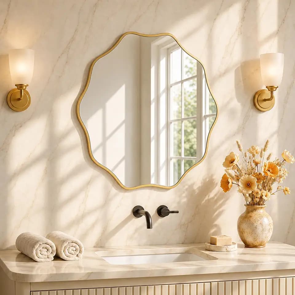 PERFNIQUE Gold Scalloped Mirror, 24'' Round Wall Mirrors Wavy Wood Framed for Bathroom Nursery Bedroom Living Room Entryway, Decorative Modern Wall Decor