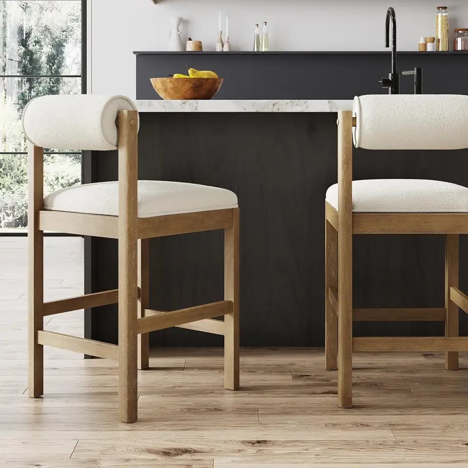 Nathan James Kimberly Modern Counter Stool with Solid Wood Legs, Boucle Upholstered Counter Height Stool with Bolster Back, Cream Boucle/Light Brown