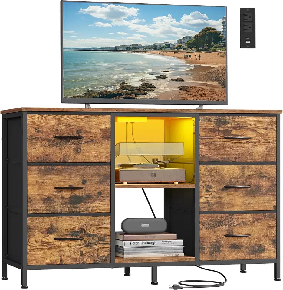 SONGMICS TV Stand for TVs Up to 55 Inches, 6 Fabric Drawers, 2 Shelves