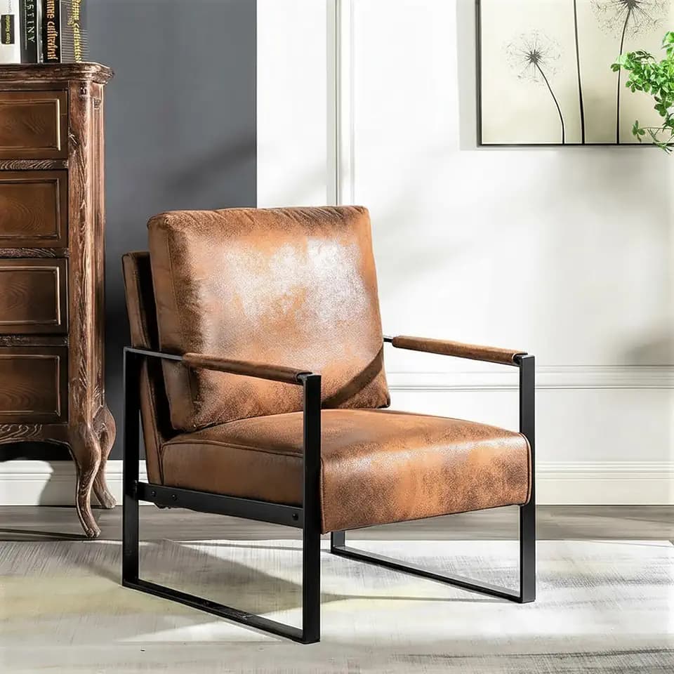 Container Furniture Classic Mid Century Modern Accent Chair with Durable Square Metal Frame, Armchair for Living Room, Bedroom, Home Office in Spotted Microfiber Upholstery, Light Brown