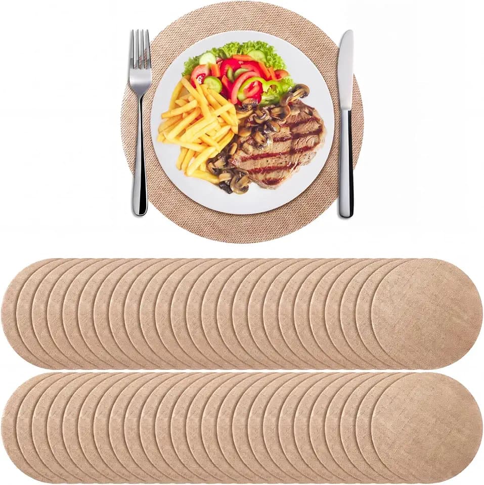 Yunlly Set of 48 Burlap Placemats Bulk 11.8 in Round Woven Placemat, Brown