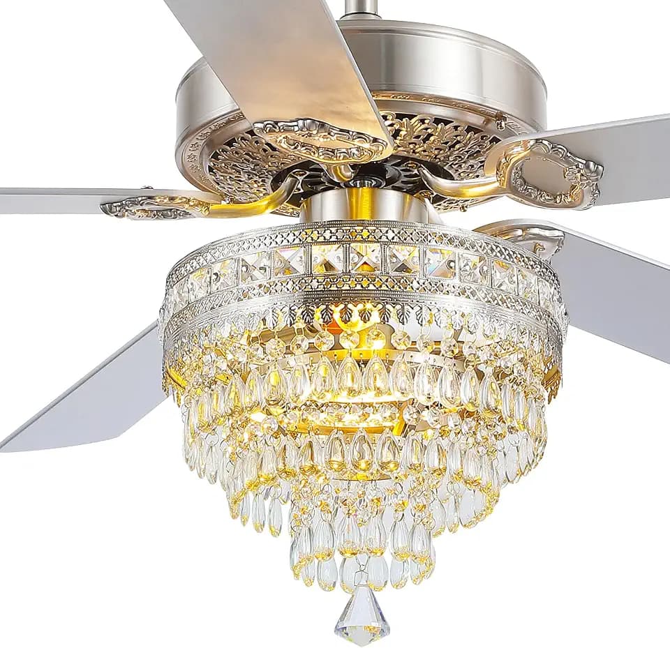 52" Silver Crystal Chandelier Ceiling Fans with Lights and Remote Control