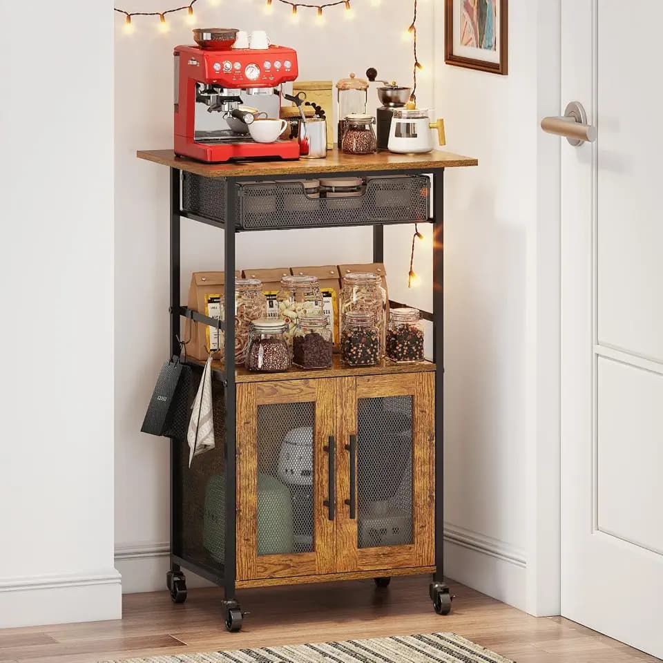 3 Tier Slim Rolling Coffee Cart with 2-Door & Pull-Out Wire Basket Drawer, Coffee Bar Cabinet on Lockable Casters, 32.7" H Microwave Cart with Storage for Home, Kitchen, Living Room (Rustic Brown)