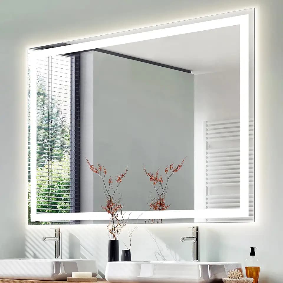 JONATHAN Y Pax LED Bathroom Vanity Mirror 40" x 36" Front Backlit, Silver
