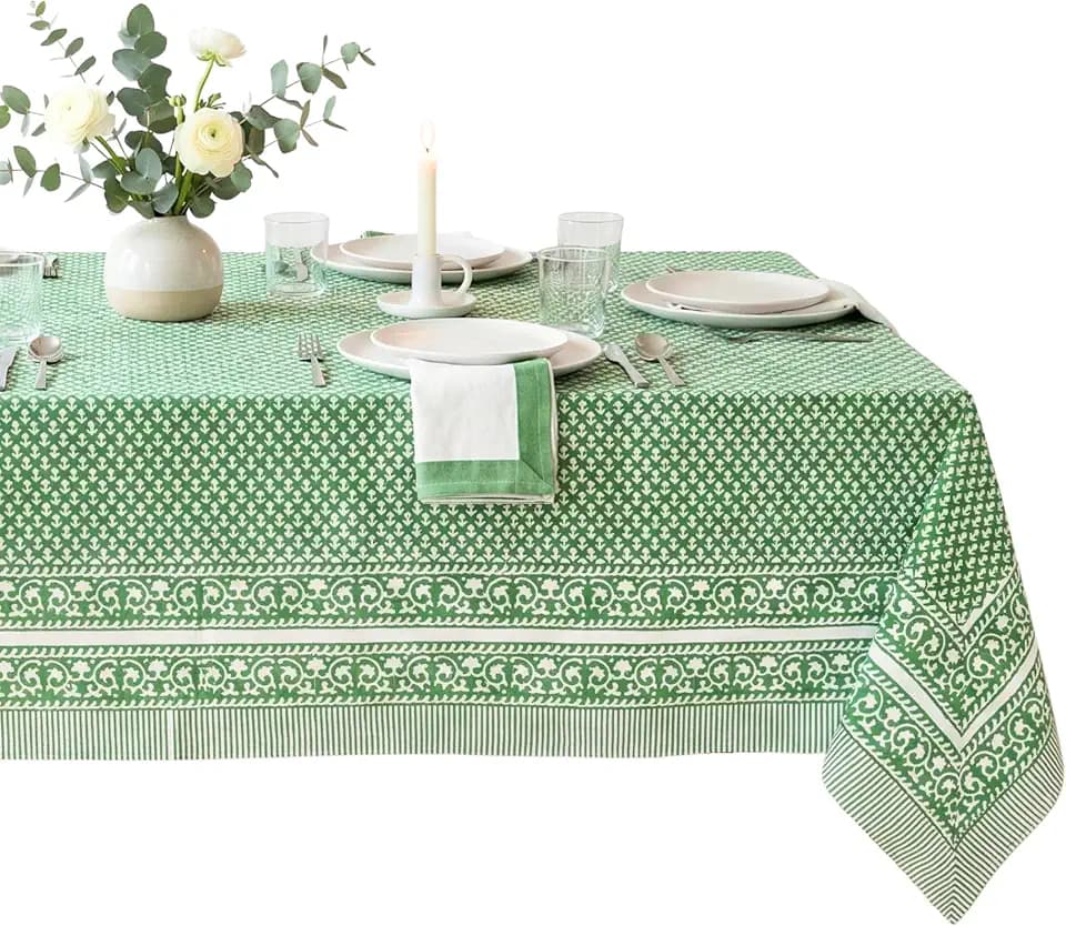 ATOSII Cotton Blockprint Square Table Cloth, Queen Green, 60" X 60"