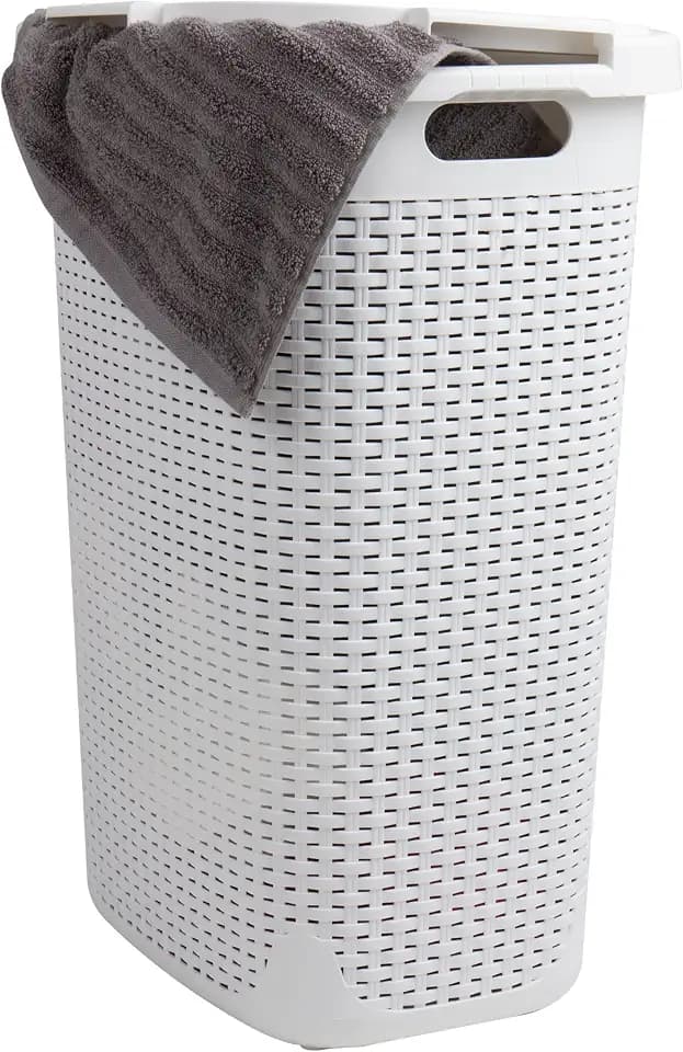 Mind Reader Slim Laundry Hamper with Lid, 60L Tall Clothes Basket, Narrow Tapered Design for Bathrooms, Closets and Laundry Rooms, Plastic, White