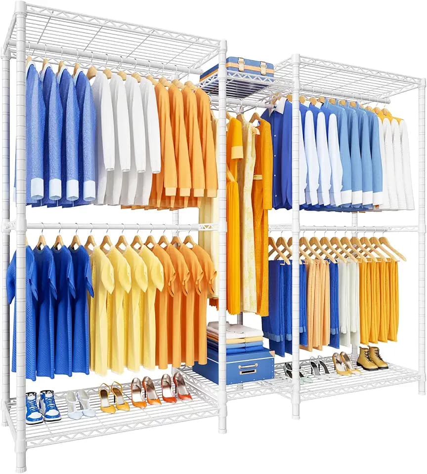 Ulif E12 Pro Clothes Rack,Heavy Duty Freestanding Garment Rack with Shelves,Metal Clothing Closet Storage System for Hanging Clothes,71" W x 16" D x 76.5" H, Hold 960 lbs,White