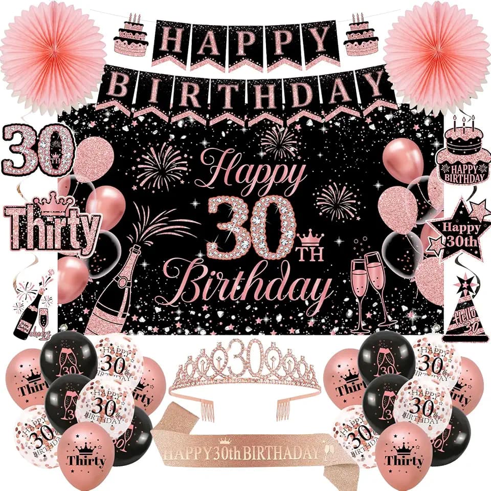 30th Birthday Decorations for Women, 52pcs 30th Birthday Crown and Sash, Black Rose Gold Happy 30th Birthday Banner Balloons Backdrop Hanging Swirls Paper Fans, 30 Years Old Birthday Decorations Kit
