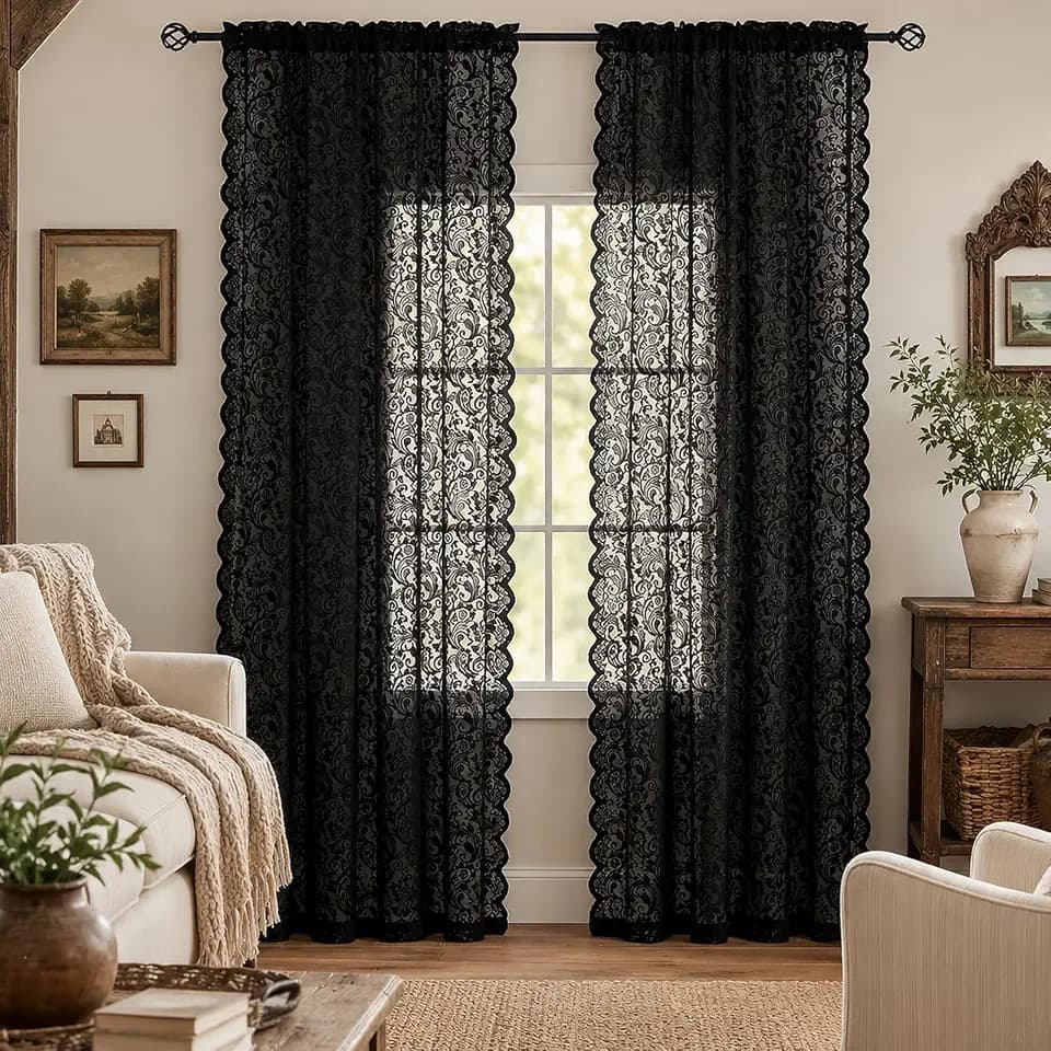ALIGOGO Black Sheer Lace Curtains 96 inches Long Victorian Gothic Curtain Panels with Paisley Floral Patterns Retro Curtains for Living Room Halloween Decor Set of 2 52 x 96 Inch Black