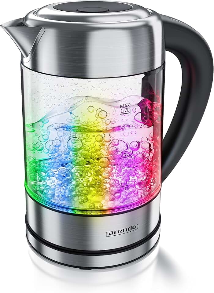Arendo - Wasserkocher Edelstahl Glas mit Temperatureinstellung – 1,7l - einstellbare Temperaturen 40° 70° 80° 90° 100 °C – Warmhaltefunktion – 3 Min Aufkochfunktion – BPA-frei - RGB Beleuchtung