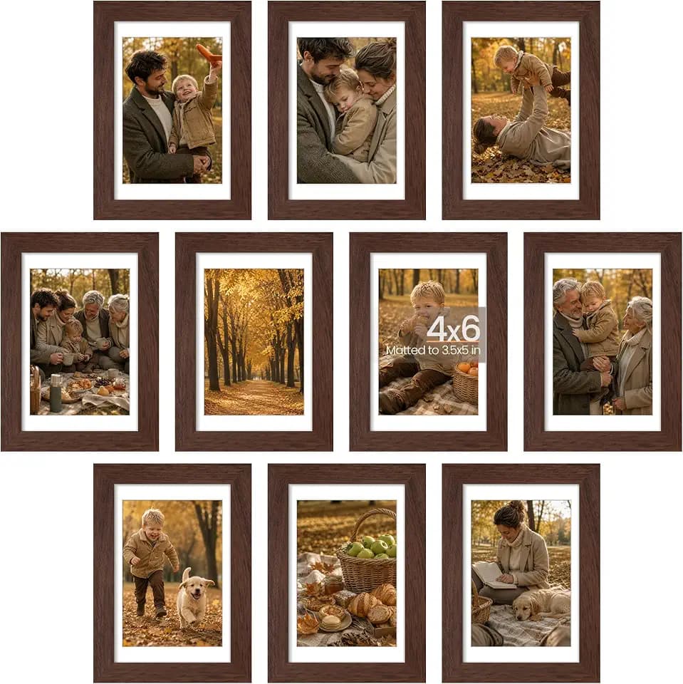 upsimples 4x6 Picture Frame Set of 10, Display Pictures 3.5x5 with Mat or 4x6 Without, Multi Photo Frames Collage for Wall or Tabletop Display, Brown