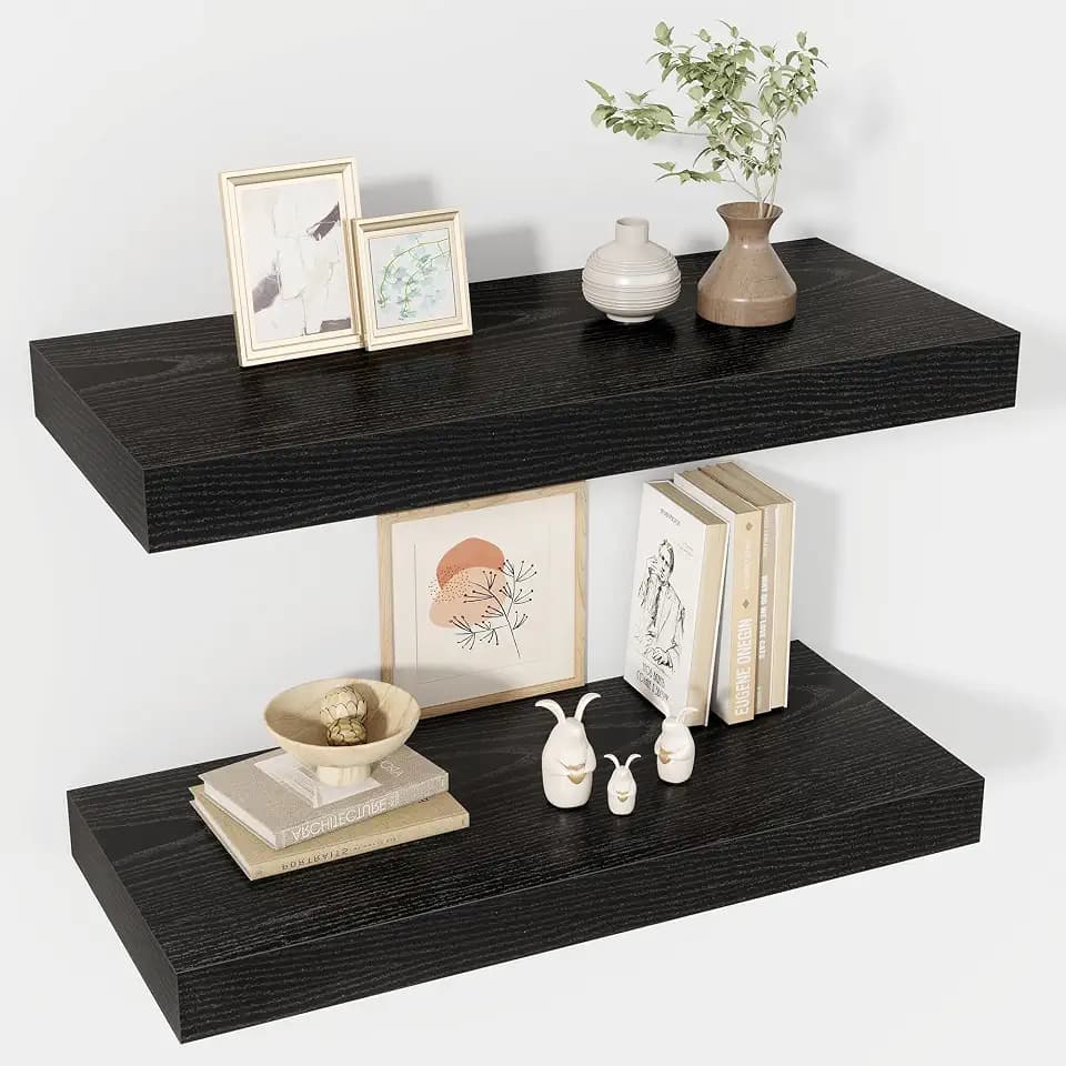 Acovy 24 Inch Floating Shelves, 12" Deep Floating Shelf Wall Mounted, 24" Wall Shelves, Rustic Deep Bookshelf, Extra Deeper & Thicker Display Shelves for Bedroom, Living Room, Black, Set of 2