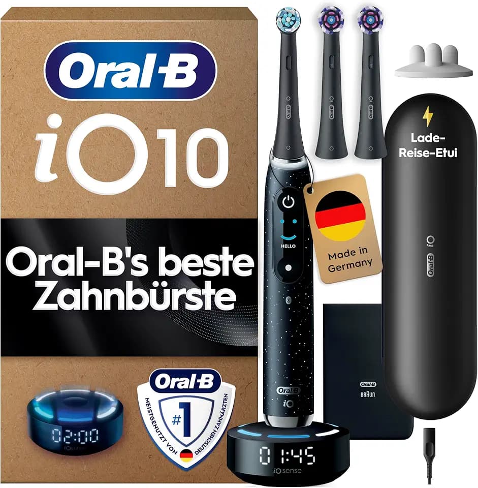 Oral-B iO Series 10 Elektrische Zahnbürste, Schwarz | Inkl. 3 Aufsteckbürsten, Lade-Reise-Etui, iOSense, Electric Toothbrush mit 7 Putzmodi für Zahnpflege