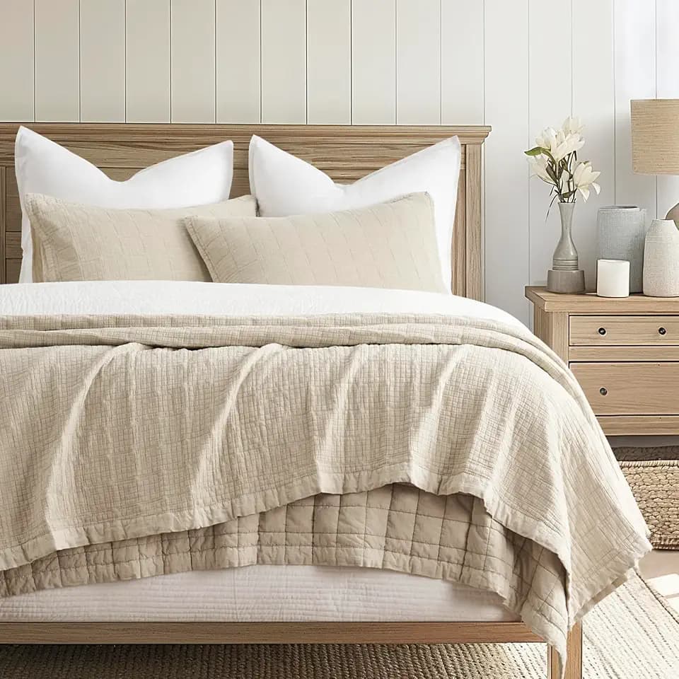 EVERGRACEHOME Stonewashed Cotton Quilt Set, King Size, Flax Beige