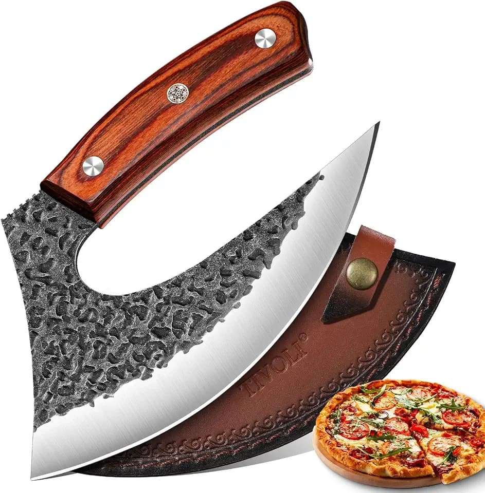 TIVOLI Ulu Knife with Sheath - Mezzaluna Rocker Knife - Pizza Cutter