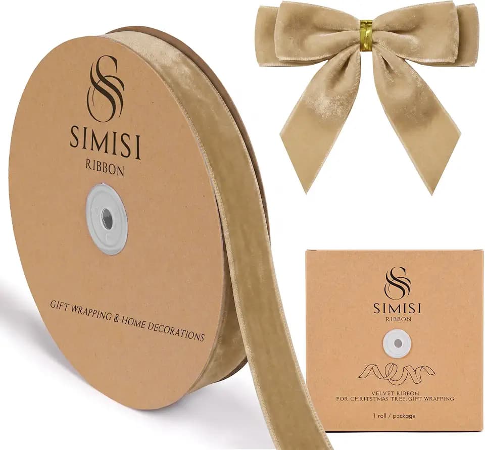 Khaki Velvet Ribbon 1'' 25 Yards for Christmas Tree, Gift Wrapping, Flower Bouquet, Wreath Decorations, Bow Making