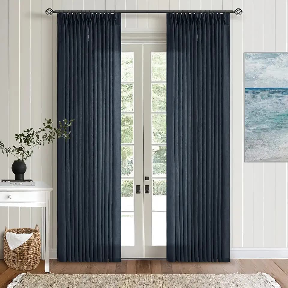 TWODRAPES Pinch Pleated Navy Linen Curtains 84 Inches Long 2 Panels Set