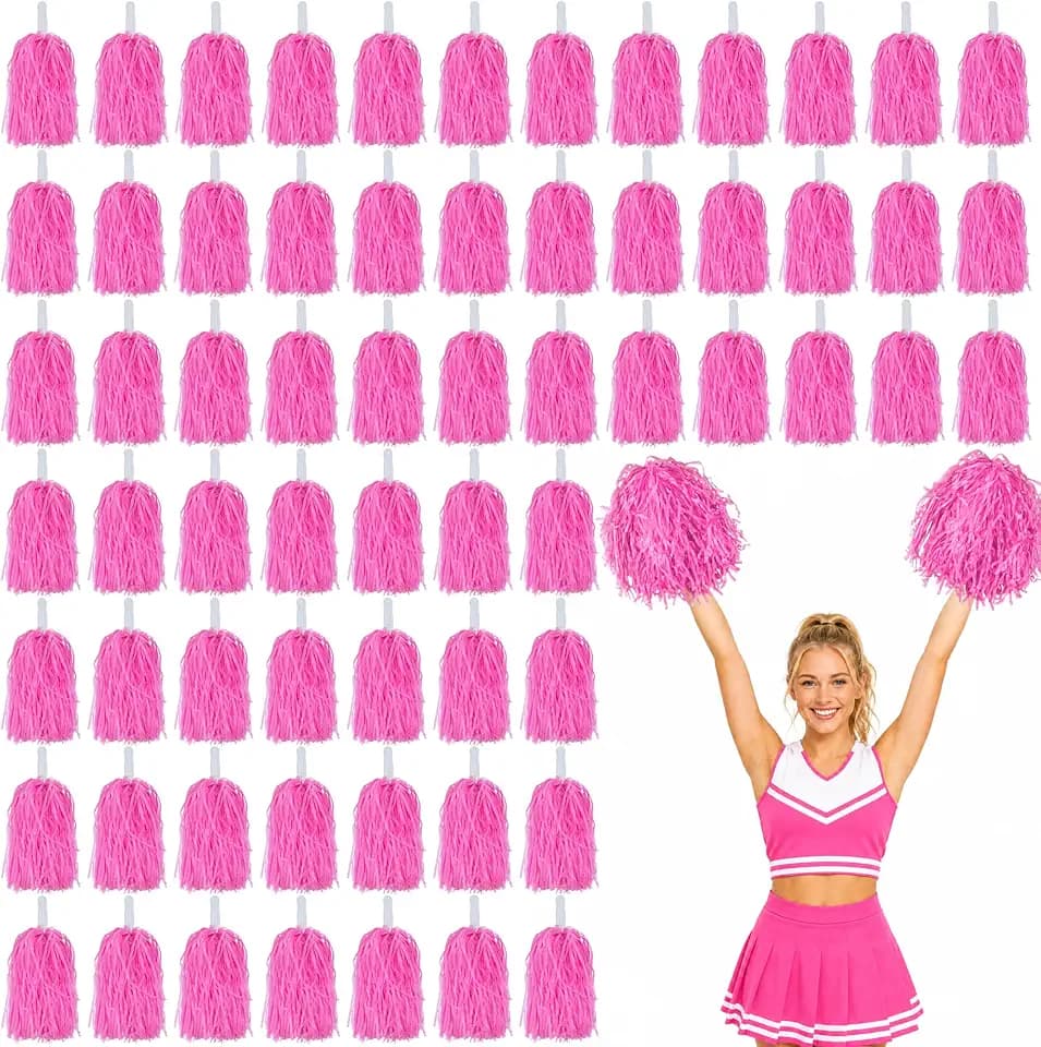 66PCS Cheerleading Pom Poms Metallic Foil Plastic Pom Poms for Football Basketball Sports Squads Dancing Party Stage Performance Celebration(Pink)