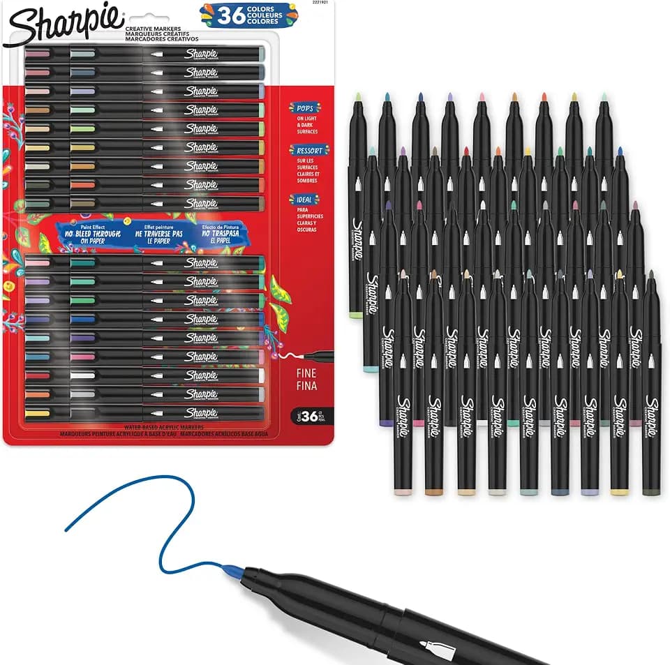 Sharpie Creative Markers Variety Pack, Water-Based Acrylic Paint Markers, Fine Tip, Assorted, 36 Count