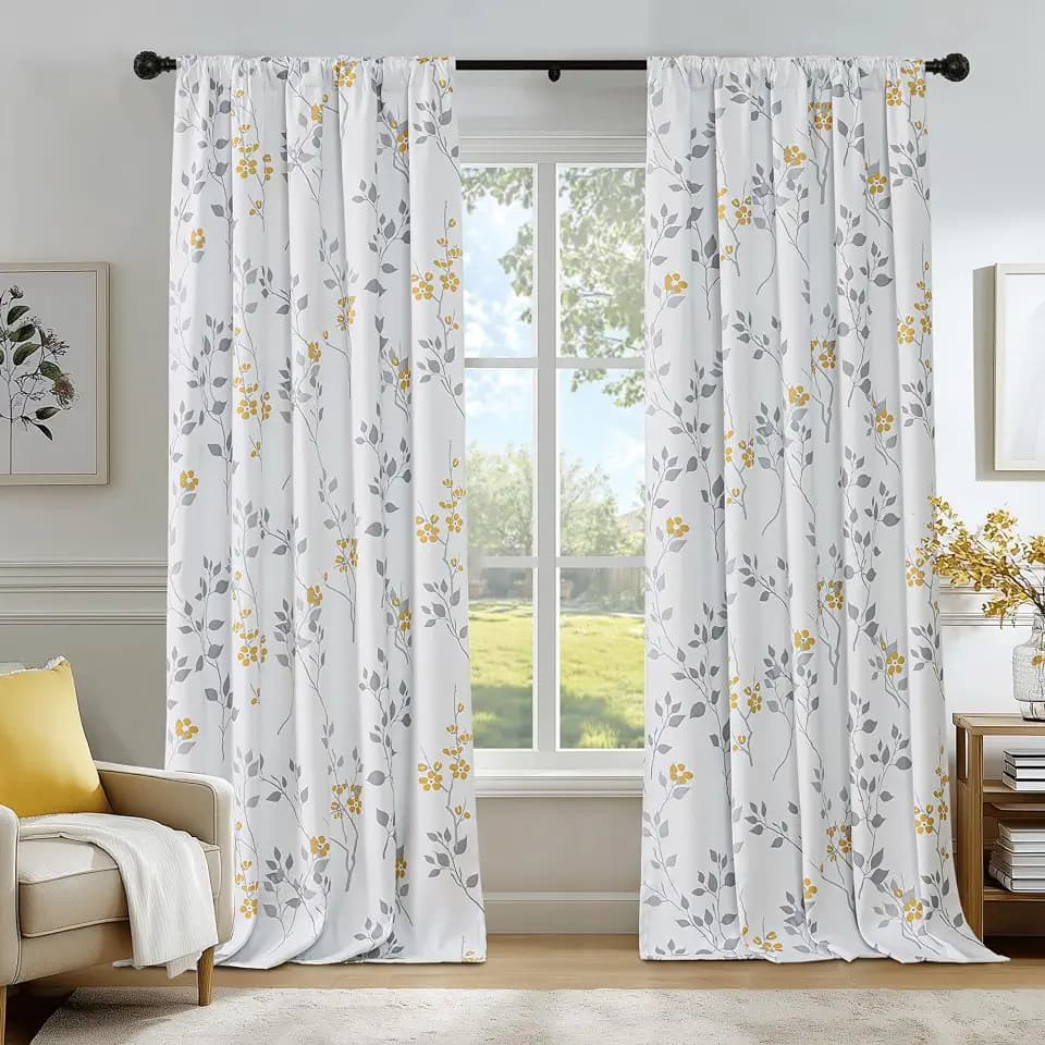 Beauoop Floral 100% Blackout Curtains Bedroom Yellow Grey 52X96 2 Panels