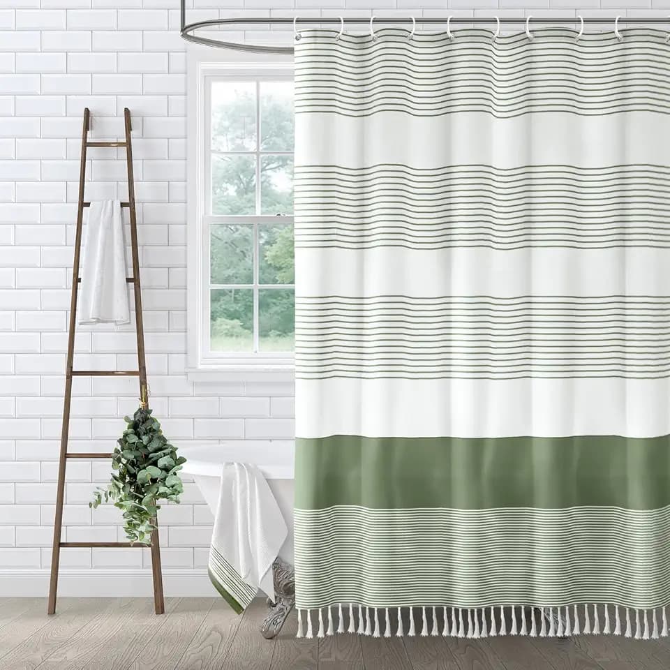 Sage Green Boho Cotton Striped Shower Curtain with Tassel 72"W X 78"L