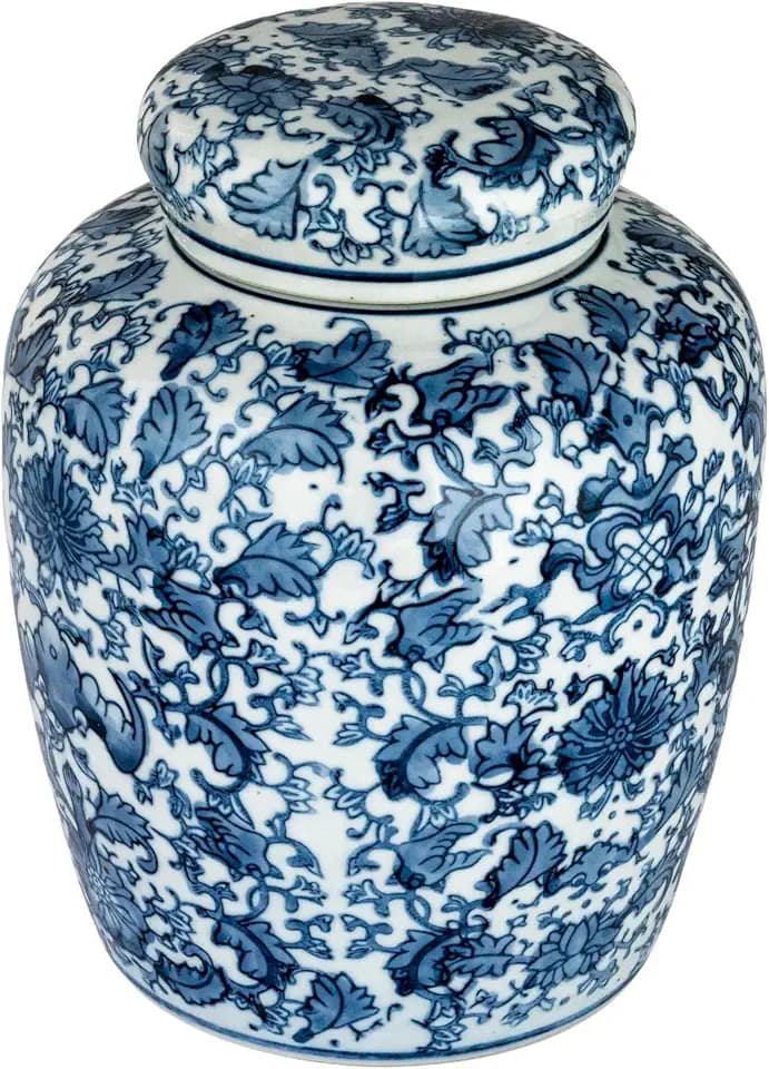 Creative Co-Op Medium Decorative Ceramic Ginger Jar with Lid, Blue and White Floral Pattern