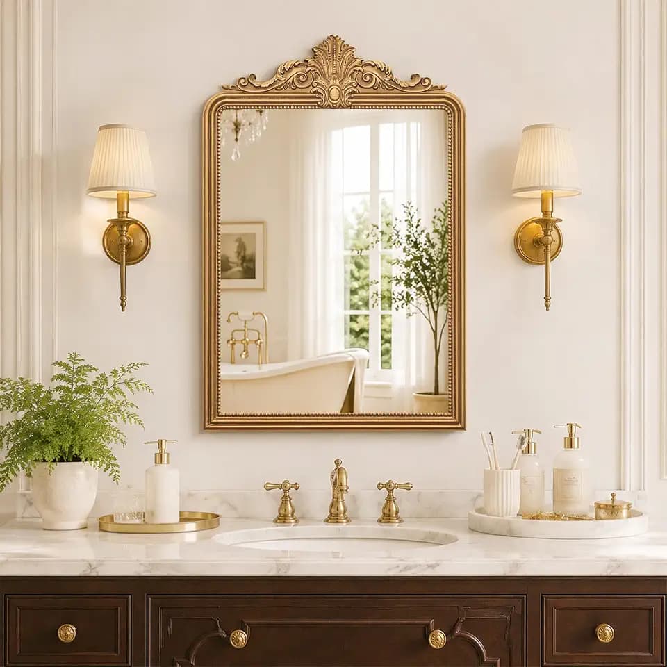 Besdomus Gold Vintage Arched Mirror: 24"x36" Baroque Antique Large Mirrors