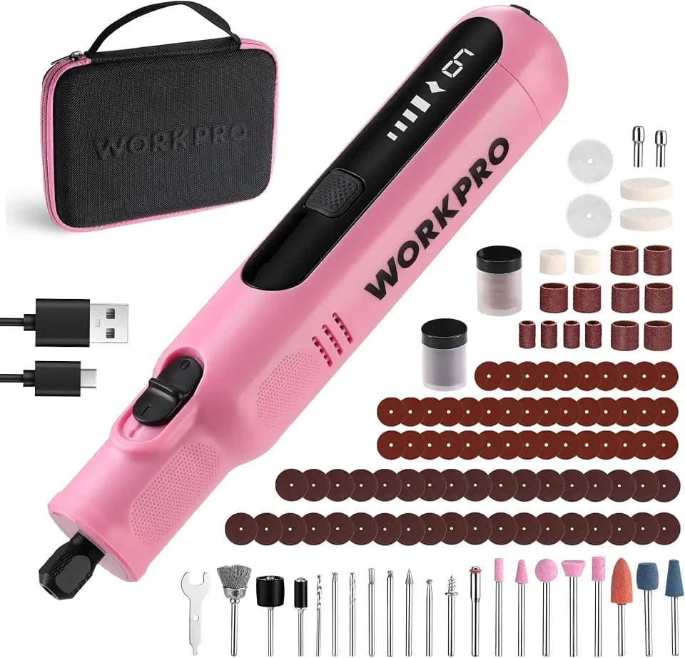 WORKPRO 8V Cordless Rotary Tool Kit, Type-C Charging, Pink Ribbon