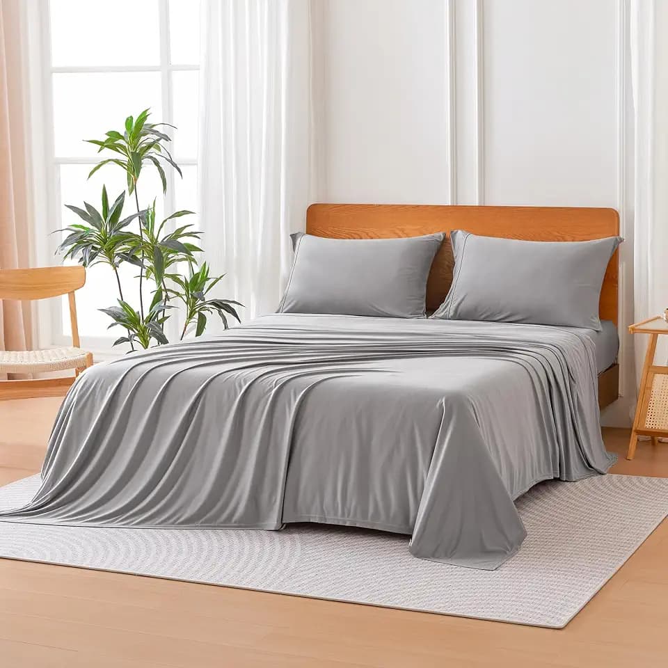 Amazon Basics Jersey Knit 4-Piece Sheet Set, Wrinkle Free and Easy Fit, Includes 16" Deep Pocket Fitted Sheet, 1 Flat Sheet and 2 Pillowcases, Queen, Gray