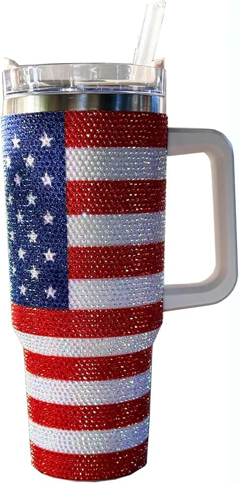 USA Flag Bling Tumbler 40oz with Handle & Straw – Rhinestone American Flag Travel Cup, Glitter Patriotic Mug for Women, Independence Day Gift, Stainless Steel Insulated